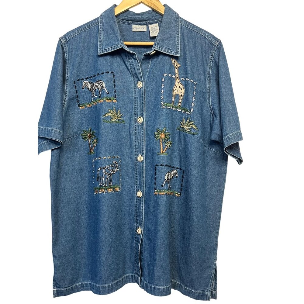 Vintage Cabin Creek Jean Shirt Size 1X Safari Animal Embroidery & Button-Front
